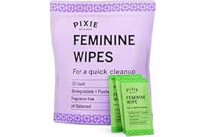 PIXIE CUP Pixie Feminine Wipes - Flushable, Biodegradable, & Ph Balanced - Best Individually Wrapped Packet Wipes for On The Go & Public Bathrooms - Wash, & Cleaner For Your Menstrual Cups & Discs (20 Count)