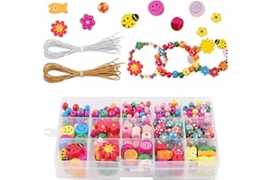Canollo Bunte Holzperlen Zum Auffädeln, 400 Stück Perlen Zum Auffädeln, Holzperlen Bunt Bastelset Mit 1m Weißes Und Braunes Faden, Bunte Perlenset Kinder ab 4 Jahre, Perlen für Armbänder Kinder