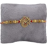 Riddhika Ventures Glorious Gold Plated Om and Ganesh Diamond Ring Rakhi with Roli Chawal and Greeting Card (K15)