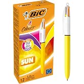 BIC 4 Colours Sun T&uuml;kenmez Kalem, 12'li Kutu, 1.0mm U&ccedil;, Tek Kalemde Sarı, Mor, Turuncu ve Pembe Renkler