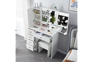 Saimeihome White Dressing Table with Dimmable Lighted Mirror, Vanity Desk with Cushioned Stool, Vanity Table with 6 Spacious Storage Drawers for Makeup