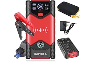 BAPHIYA Jump Starter Power Pack, 1800A Peak 12V Car Battery Booster Jump Starter for up to 7L Gas 4L Diesel, Portable Powerbank Built in Cable & Wireless Charing, 4 LED Modes LCD Display