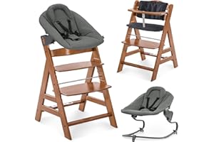 hauck Alpha+ Newborn Set mit Premium Bouncer Dark Grey - Baby Holz Hochstuhl ab Geburt mit Liegefunktion - extra flacher Aufsatz für Neugeborene & Sitzpolster - Walnuss