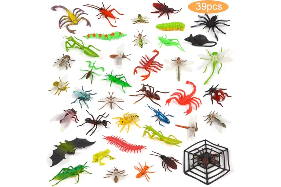 ZALAON Bug Toys for Kids, 39 Pieces Plastic Realistic Insects Mini Beasts for Toddlers Education Dragonflies Ants Bats Scorpions Halloween Toys For Party Bag Fillers