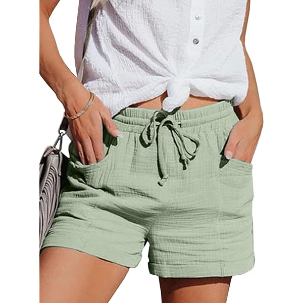 Short Femme été OLIPHEE - Lin élastique Taille Haute - Avec Poches Et Cordons - Style Casual Chic - Multi-occasions
