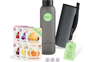 WATERDROP MICRODRINK waterdrop® Starter Set, Botella de Vidrio 600ml + 18 Cubos Microdrinks, Saborizantes para agua, Pastillas en 6 Sabores Aromatizados, 0 Azúcar, Botella para Agua