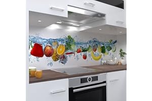 ‎ONEWHEEL OneWheel, selbstklebende Küchenrückwand, 400x60 cm harte PVC Folie, Wandtattoo für Fliesenspiegel Design Obst Weiss, Motiv: Veggiesplash