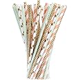 100 Pailles En Papier Pour Fête - 4 Motifs (or, Vert, Orange) - Longueur 19.7 Cm - Sans Plastique