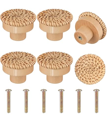 6 Boutons De Tiroir En Rotin Tissé Main - Style Bohème, Vintage, Pour Commode Ou Armoire - 6