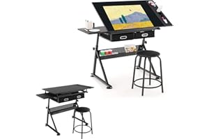 LIFEZEAL Stół kreślarski z regulacją wysokości 119 x 60 x 98 cm, zestaw dla artystów, stół architekta z uchylnym blatem, biurko z szufladami, wielofunkcyjny stół biurowy