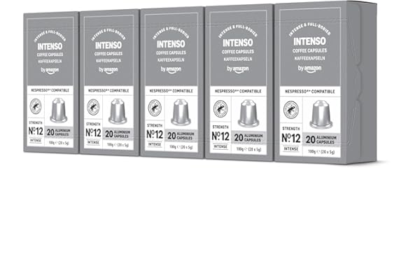 by Amazon - Cápsulas de café Intenso, tueste oscuro, compatibles con Nespresso, 100 unidades, 5 paquetes de 20, certificado Rainforest Alliance