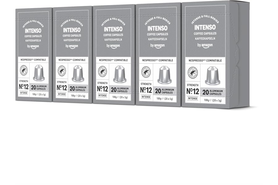 by Amazon - Cápsulas de café Intenso, tueste oscuro, compatibles con Nespresso, 100 unidades, 5 paquetes de 20, certificado R