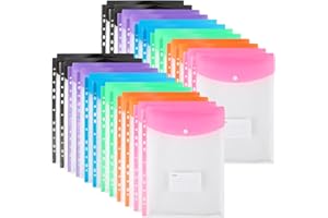 OFFICESWIFT Carteras de plástico A4 con bolsillos perforados, carpetas expandibles de 11 agujeros para bolsa de documentos de 2/3/4 anillos con botón a presión y etiqueta, hojas sueltas transparentes para oficina