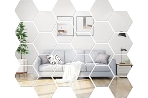 gaoduanluoluo 24 Stück Sechseckiger Spiegel Wandaufkleber, HD Acryl Wandspiegel Klebespiegel, Spiegelfliesen Selbstklebend für DIY Badezimmer Wohnzimmer Sofa TV Einstellung Wanddekoration (Silber)