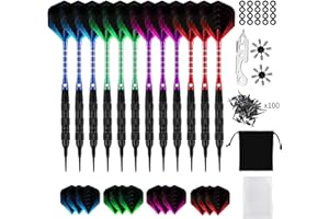 Purpledi Freccette Professionali con Punta Plastica, Set da 12 Freccette Morbide per Bersaglio Elettronico, 100 Punte e 24 Alette, Freccette Soft per Darts e Gioco Elettronico b