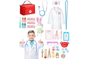 JOFLVA Walizka lekarska dla dzieci, Walizka lekarska dla dzieci Drewniana zabawka lekarz ze stetoskopem, termometrem, strzykawką, fartuchem lekarskim i innymi akcesoriami, zabawka do udawania od 3 lat