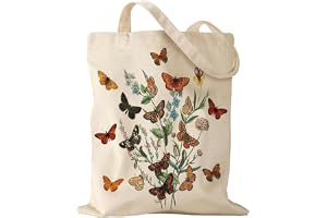 ALMLWIAJ Tryckt fjäril blommig kanvas tygväska, 35 x 38 cm shoppingväska, naturlig bomull, blomdesign, krämfärgad färg