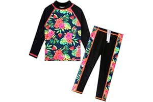 ZNYUNE Niña Niño Traje de Baño UPF50+ Impreso 2 Piezas Top Manga Larga + Pantalones Rash Guard Protección Solar Burqini Musulmán Islámico