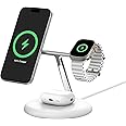 Belkin MagSafe 3-in-1 Qi2 Wireless Charger Stand 15W | Fast Charging iPhone Charger for iPhone 16, 15, 14 & 13 Series, AirPods, & Apple Watch | 36W Charger Included | White
