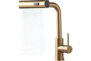 BELZ Kitchen Mixer Tap with Pull Out Spray– 360° Swivel, Pull Down Kitchen Sink Mixer Taps, Stainless Steel 3 Modes Spray Head, Gold