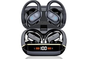 Qecnato Auriculares Inalámbricos Deportivos, Auriculares Bluetooth 5.4 HiFi Estéreo con HD Micrófono, 75H Cascos Inalambricos Bluetooth con Cancelacion Ruido ENC, Pantalla LED, IP7 Impermeable, Negro