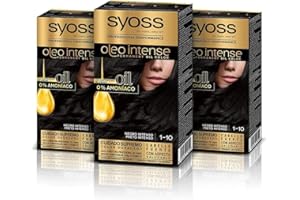 Syoss Oleo Intense - Tinte 1-10 Negro Intenso – Coloración permanente Sin Amoníaco – Cobertura profesional de canas – Resultados de peluquería (Pack De 3)