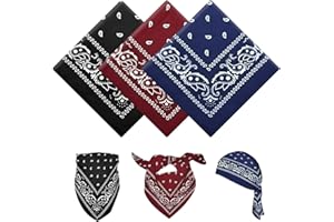 YAWYO Paquete de 3 Bandanas, pañuelos Multiusos con Estampado de Paisley, Headwraps Unisex para Hombre y Mujer, Accesorios de Vaquero (Negro, Burdeos, Azul Marino)