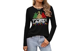 Gyabnw Merry Christmas Tops for Women UK Family Xmas Tree Lights T Shirt Holiday Vacation Clothes Funny Printed Tee Gift