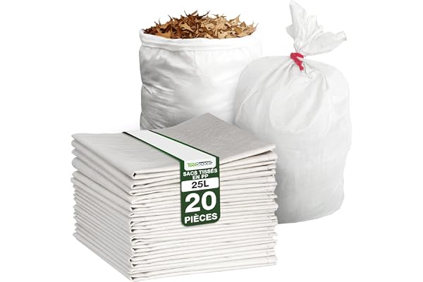 ToolSpace Sac à Gravats PP Tissé, 50×85 cm en Polypropylène 20x Sac Chantier pour Gravier Sable Feuilles Déchets de Construction Jardin - Réutilisable - Résistant 25 kg Sacs a Gravats Toile Tissée