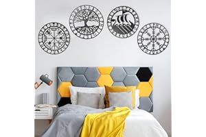 Arsey Wikinger Deko Nordische Mythologie Runen Mittelalter Wandkunst Wandskulpturen Kompass Lebensbaum Vegvisir Wanddeko Wohnzimmer Schlafzimmer, Holz, Schwarz, 4 Stücke