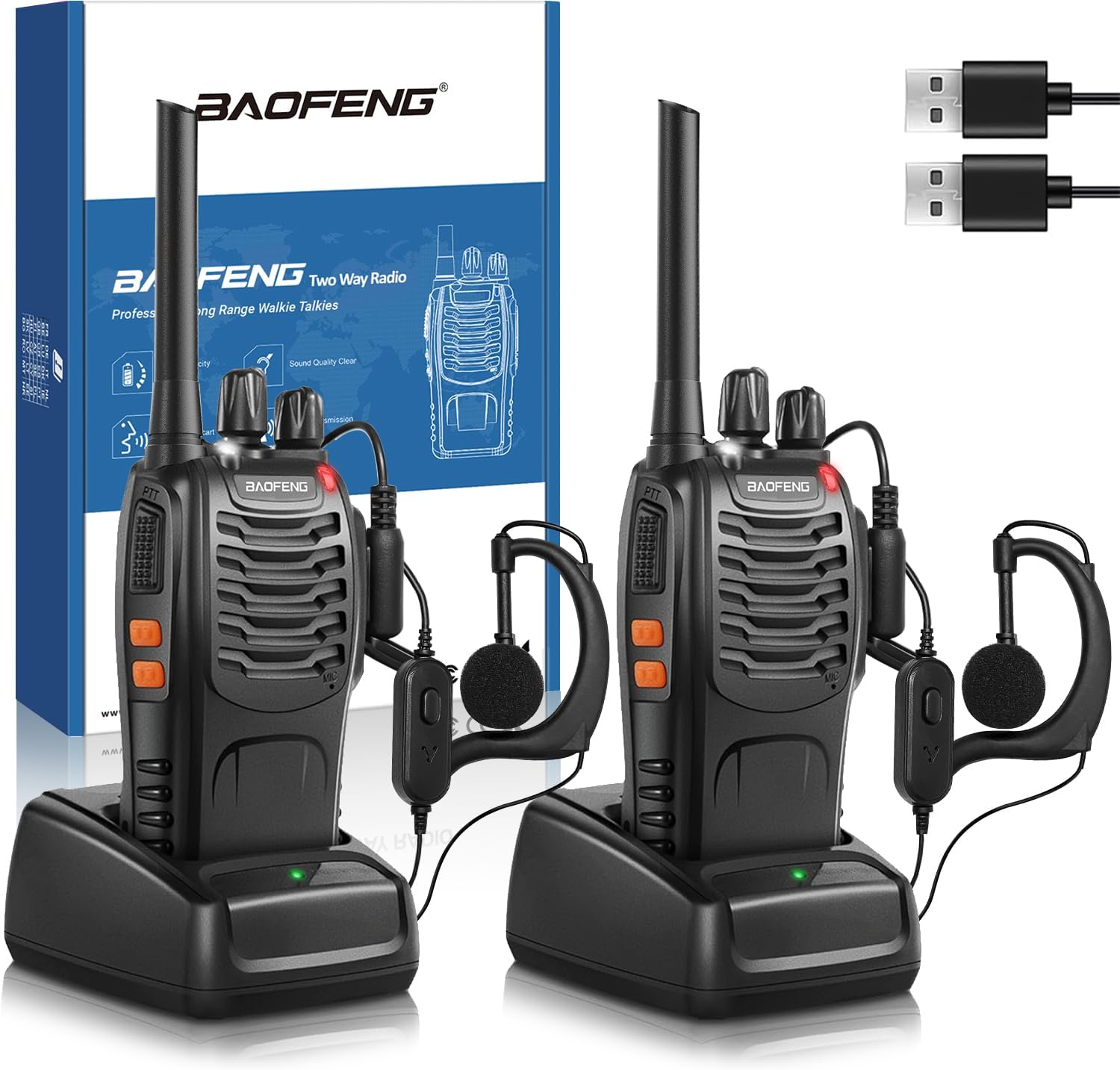 Baofeng Walkie Talkie Profesional PMR Radiocomunicación USB Recargable 16 Canales de Larga Distancia Portátil Walkie Talkies con Auriculares y Luz LED (Negro, 1 Pare)