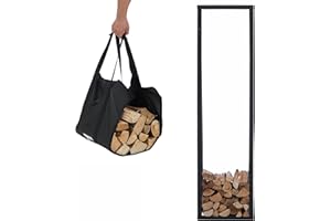 Lendo Online Kaminholzregal + Tragetasche - Innen & Außen - Feuerholzregal - Kaminholzständer - Brennholzregal - Schwarz - Metall (50x25x196cm)