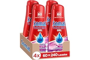 Somat Todo en 1 Gel Detergente Lavavajillas 60 Dosis (pack de 4, total: 240 lavados), jabón lavavajillas con gran poder de limpieza para ciclos cortos, vajilla brillante