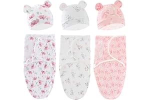 Exemaba Baby Swaddle Blanket with Hat for 0-3 Months 3-Pack Unisex Cotton Adjustable Infant Swaddle Wrap Newborn Swaddle Set for Infant Girls Boys (2 Rabbit&Bear Set)