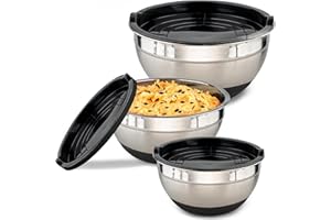 Praknu 3 Bols en Acier Inox avec Couvercles - Antidérapants - Hermétiques - Avec Lignes de Mesure - Empilables - Idéal pour Mixer