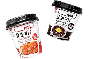 OG ASIA Yopokki - Pastel de arroz en vaso (2 unidades, dulces/picante, con frijoles Jjajang, dulces/picante y granos negros, tarta de arroz coreano, 260 g)