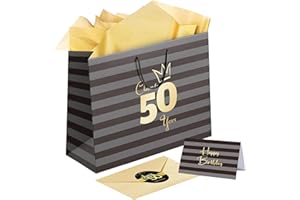 Sumerk 1 PC 13" Large Gift Bag with Card Stickers and Tissue Paper 50th Birthday Bag for Women Men Happy 50th Birthday Gift Bag