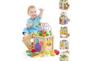 MOXTOYU Wooden Activity Cube Baby Toys, 10-in-1 Montessori Educational Toy Set for 1-3 Year Old Boys & Girls, Maze, Shape Sorter, Rotating Gear Xylophone Words & Clock Learning, 1st Gifts for Toddler