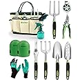 Bokhot Garden Tools Set Gardening Hand Tool Gift Kit with Heavy Duty Tool Bag for Easy Storage, Gardening Gifts for Outdoor Women & Men, Green (PG023)