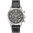 Bulova Men's Classic Stainless Steel 6-Hand Chronograph Quartz Leather Strap Watch with Grey Dial, Gold Accents, Arabic Markers, 41mm