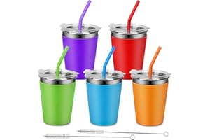 Hikrxya Pack of 5 Stainless Steel Drinking Cups with Lid and Straws, 350 ml Stainless Steel Cups, Children, Reusable, Drinking Cup, Stainless Steel, Unbreakable with Silicone Sleeve for Children and
