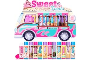Beauty4Britain Sweet Treats Juego de 12 bálsamos labiales, 12 sabores diferentes de postre, cera de abeja y aceite de coco, incoloro, para niñas y niños