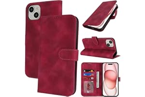 Zouzt Case for iPhone 15 6.1 Inch, Shockproof PU Leather Mobile Phone Case, Leather Flip Case with Card Holder and Stand Function, Flip Leather Wallet Phone Cover (Vintage Grape Red)