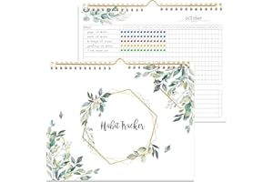 RUKAR Habit Tracker Calendar- 12 Months Undated Daily Weekly & Monthly Period Habit Tracker Journal, Greenery Floral, Spiral Binding with Writable Goals Habits Track and Self Care Office Supplies. 8"x10"