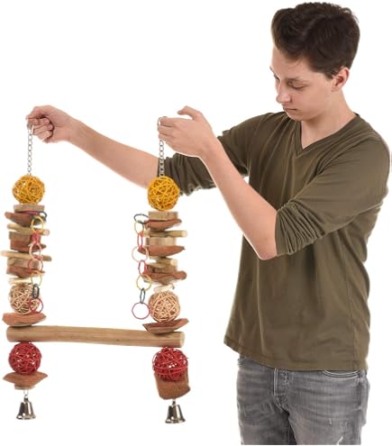 HappyBird Holzkrake Papageienspielzeug – 52 Cm Lang, Mit Metallkette, Für Graupapageien & Sittiche