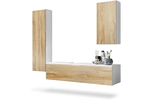 Vladon Set di mobili da Bagno Armadio Beach, Struttura in Bianco Opaco/Frontali in Rovere Naturale