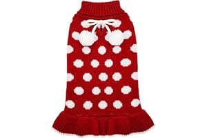 KUTKUT Small Dog Cat Sweater Dress Turtleneck Polka Dot Dog Sweaters with Leash Hole Knitwear Warm Pet Sweater with Pom Pom Ball (Size: L, Adjustable Chest: 44cm - 50cm, Back Length: 40cm)