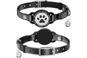 NOZLAID Leather Airtag Cat Collar - Waterproof Cat Collar AirTag Holder with Metal Buckle | Comfortable, Glossy Cats Tracker Collars with Bell for Girl Boy Cats, Kittens, and Puppies