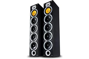 Bennett & Ross Exosphere HiFi-golvhögtalare, 4-vägs, högtalarpar, 200 W RMS, 6,5-tums subwoofer, 3 x 6,5-tums mellanregister, 1-tums diskant, basreflexkonstruktion, träutseende med ådring
