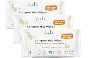 ECO BY NATY Naty Baby Wet Wipes | Natural & Fragrance-Free, 98% Purified Water for Sensitive Skin | Gentle cleans for Newborns | Plant-Based, Plastic-Free & Certified Compostable Baby Wipes | 168 Count (3 Packs)